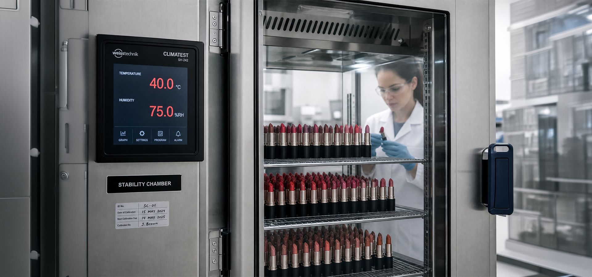 Lipstick tubes organized inside a stability testing chamber with a digital display showing 40°C and 75% relative humidity for quality control,