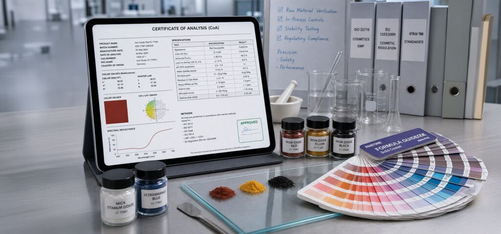 Cosmetic chemist's workspace featuring a digital Certificate of Analysis (CoA), pigment samples, and a professional color matching fan,