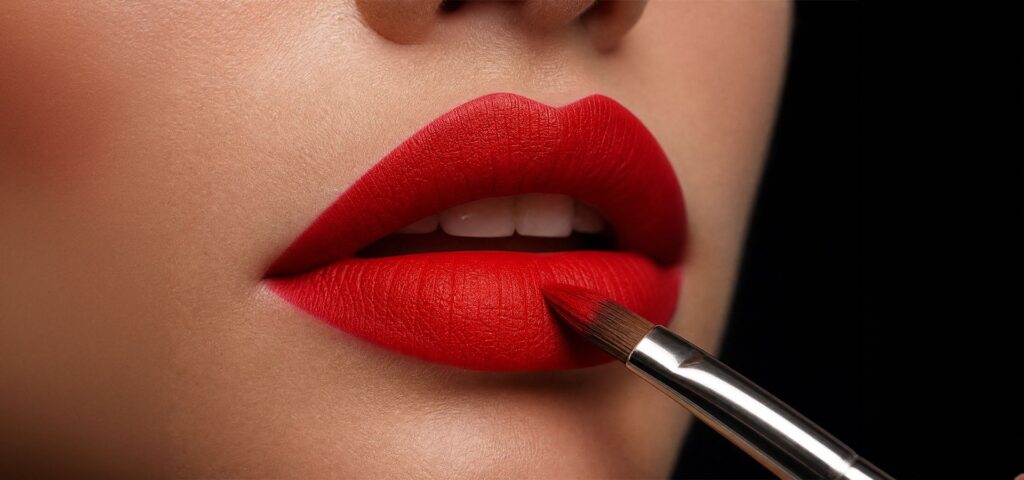 Extreme close-up of a model's lips being precisely painted with an opaque, vibrant matte red lipstick using a professional brush, Cosmetic Pigments,