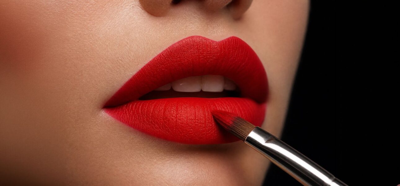 Extreme close-up of a model's lips being precisely painted with an opaque, vibrant matte red lipstick using a professional brush, Cosmetic Pigments,