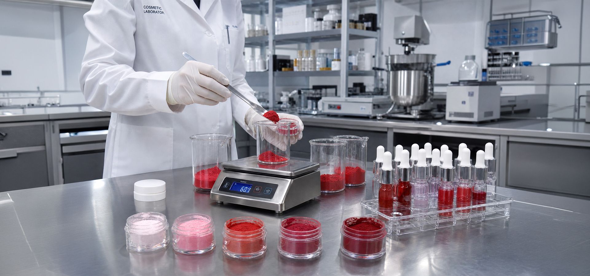 Professional cosmetic chemist in a laboratory measuring vibrant red and pink pigment powders into glass beakers on a stainless steel workstation, cosmetic pigment,