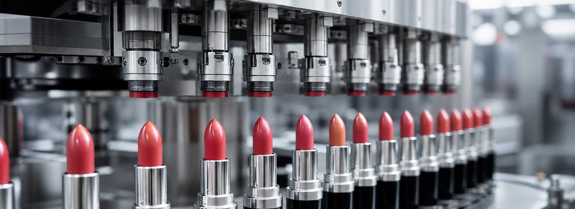 A sleek, high-tech industrial shot of lipsticks being manufactured,