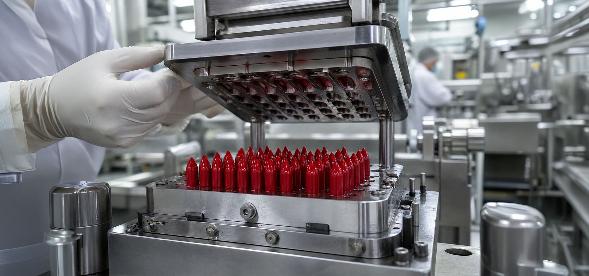 Industrial metal lipstick mold being opened to reveal rows of perfectly formed, shiny red lipstick bullets in a manufacturing facility,