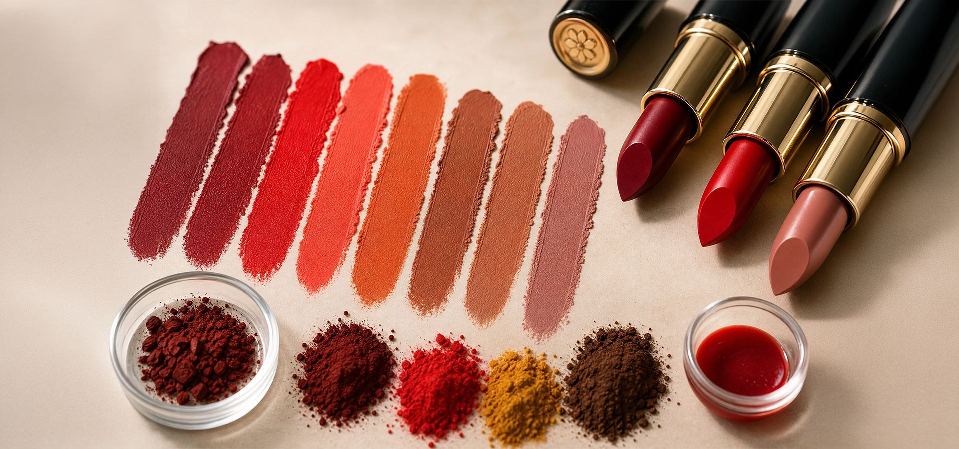 High-detail lipstick swatches on a neutral surface showing a gradient from deep matte red to earthy nudes, alongside raw pigment powders and elegant tubes,