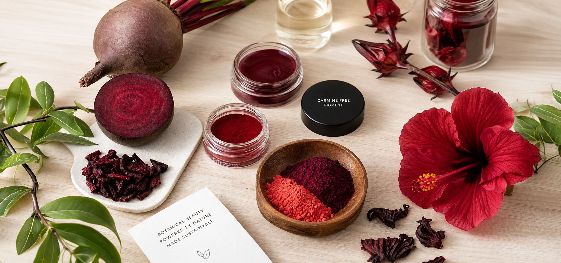 Clean composition of vegan ingredients featuring fresh beetroot, hibiscus petals, and carmine-free synthetic red pigment powders,