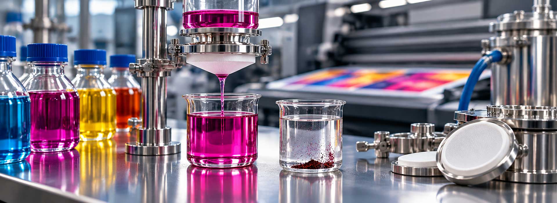 inkjet ink purity testing, filtered inkjet ink solution, inkjet ink quality control, pure dyes for inkjet ink
