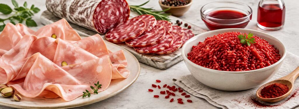 Color for mortadella salami rice, Food colors for processed foods, Mortadella salami red rice colors, Food color application guide