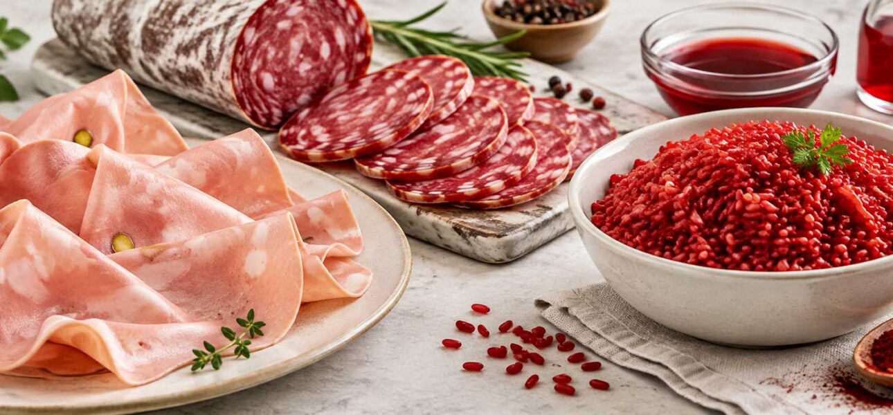 Color for mortadella salami rice, Food colors for processed foods, Mortadella salami red rice colors, Food color application guide