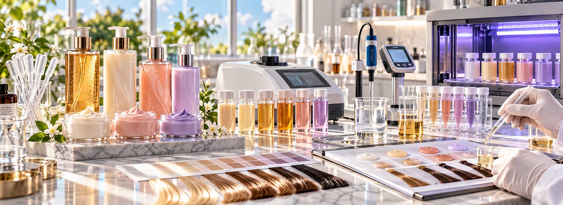 hair care color stability testing, hair care color laboratory testing, fragrance color compatibility testing, cosmetic color stability protocol